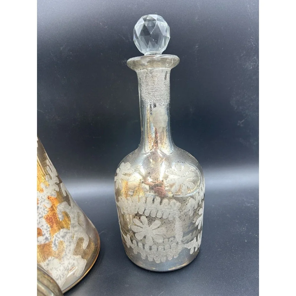 Gold Mercury Glass Decanters w/ Crystal Stoppers Vintage Style Set Of 3